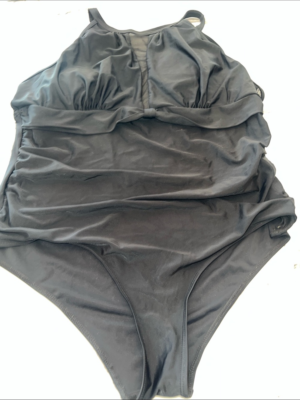 Black Ruched One-Piece Swimsuit w Mesh Front & Back Size 16